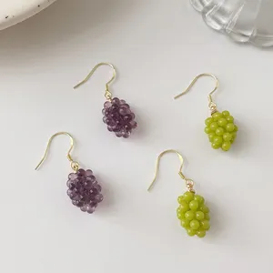 Cute Green Grapes Dangle Earrings Purple Crystal Grape Pendant Clip Earrings For Women Girls Korean Fruit Jewelry