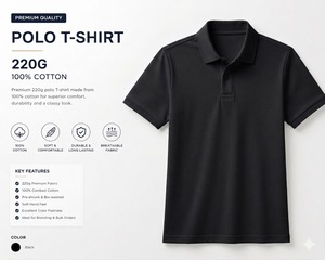 Polo de Piqué para Hombre, 100% Algodón, 220G, Manga Corta, Negro, Transpirable, Color Sólido, Estilo Casual Elegante, Tejido de Punto - Product Image 2