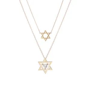 925 Sterling Silver Jewelry Israel 14K 18K Gold Plated Jewellery Plain Star Of David Necklace With Heart CZ