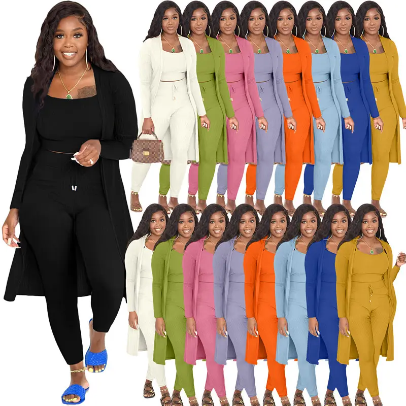 Fall Fashion Clothes 3 Piece Set Women Long Cardigan Sweater Plus Size Ribbed Loungewear Set Knit Vacation Pants Set For Women