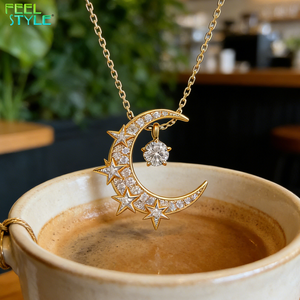 Collar con Colgante de Zirconia 5A+ Personalizado, Resistente al Agua y al Sudor, con Baño PVD Colorido, Diseño de <span class=keywords><strong>Luna</strong></span> y Estrella, Joyería de Regalo - Product Image 1