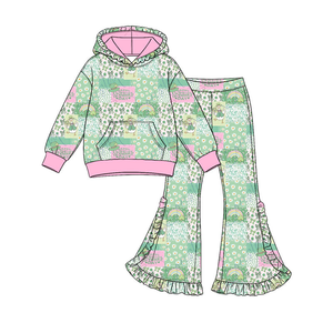 Ensemble deux pièces tendance pour enfants pour la Saint-Patrick, tenue à carreaux verts pour filles avec pantalon pattes d'éléphant - Product Image 5