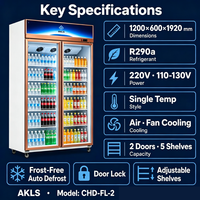 Réfrigérateur commercial à deux portes vitrées, finition or rose, éclairage LED, refroidissement par air, pour boissons et bouteilles, idéal pour les magasins de proximité et les cafés.