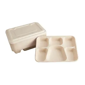 Biyobozunur mısır nişastası plakaları 100% Compostable şeker kamışı Bagasse 6 bölmeler tepsi bagasse kapaklı kase Thali combo paketi