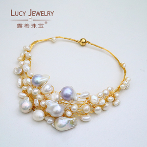 Venta caliente 14K oro relleno hecho a mano cadena de eslabones suaves barroco <span class=keywords><strong>multicolor</strong></span> collar de perlas naturales y gargantilla conjunto para novias - Product Image 6