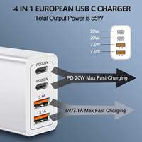 Pengisi Daya Cepat 55W 2-Port USB-C PD 65W dengan Teknologi GaN, Colokan Dinding untuk Earphone, Proteksi OTP