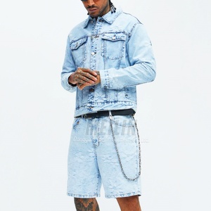 OEM Custom Fashion Two Piece Heavyweight Jeans Jackets and Denim Shorts Suit <b>Set</b> Blue Washed <b>Embroidery</b> logo Jeans <b>Set</b> for Men - Product Image 1