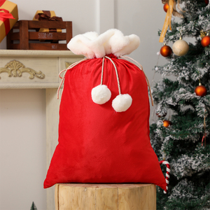 Grande Sacca Regalo in Velluto con Coulisse, Bordo in Finta Pelliccia Bianca, Chiusura con Pompon, Sacca di Babbo Natale con Cordino Intrecciato - Product Image 4