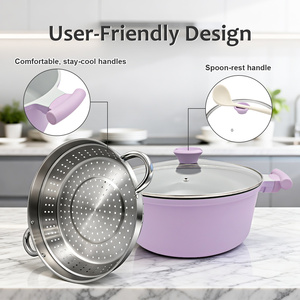 OEM 공장 28CM 헤비듀티 가정용 주물 알루미늄 논스틱 냄비 세라믹 코팅 수프 냄비 (깊은 찜기 포함) PFAS 프리 - Product Image 4