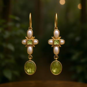 Pendientes colgantes chapados en oro vintage con peridoto y bisel de perlas de imitación para mujer, joyería de fiesta - Product Image 2