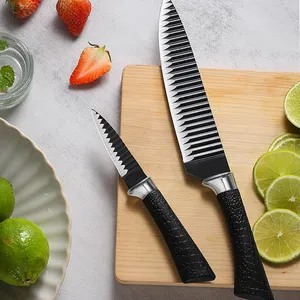 Popular Wholesale Black Wavy Kitchen Knife 6 Piece Business Stainless Steel Knife Sets