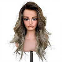 Perruque Lace Front en Cheveux Humains Remy, Longue Ondulée, Raie Libre, Brun Foncé avec Mèches Blond Cendré, Perruque Sans Colle avec Dessus en Dentelle pour Usage Quotidien