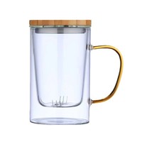 Pemisah Teh dan Air Gelas Tebal Tutup Bambu Filter Transparan Aman untuk Mesin Cuci Piring dan Microwave Cangkir Seduh Teh Kantor Modern