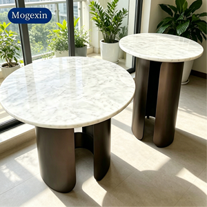 Modern Minimalist <b>Round</b> Marble Side <b>Table</b> Set <b>White</b> Natural Marble Tabletop with Curved Metal Base End <b>Table</b> for Living Room - Product Image 2