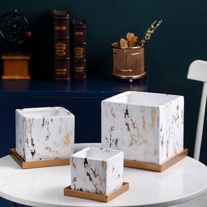 Pot de fleurs en marbre d'impression par transfert d'eau en céramique nordique carré intérieur et extérieur avec plateau - Product Image 3