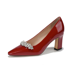 Escarpins rouges en PU à bout pointu, talon carré, décor strass, chaussures de mariée, talon haut 5cm 8cm, couleur unie, tendance mode - Product Image 4