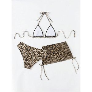 Ensemble bikini 3 pièces imprimé guépard pour femme, maillot de bain triangle dos nu avec jupe de plage, tenue de plage extensible en spandex et polyester - Product Image 5
