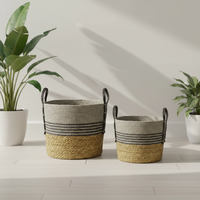 Panier de rangement moderne en jonc de mer naturel tressé, écologique, avec détails en corde plastique, décoratif, rond, pour la maison, B&L BL25077