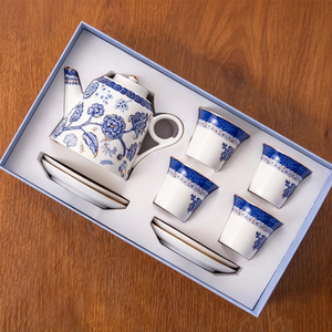 <b>Ceramic</b> Tea Set - Navy Blue Gold Emblem <b>Teapot</b> with 4 Cups and Saucers - Product Image 1