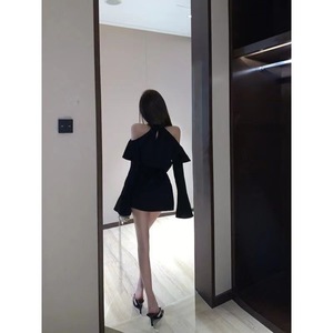 French Style Ruffled Bell Sleeve Halter Off Shoulder Dress Black Solid Color Party Casual A Line Skirt - Product Image 5