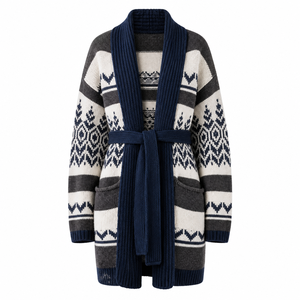 Женский кардиган оверсайз с жаккардовым узором Fair Isle в скандинавском стиле, с поясом, оптом, под собственной торговой маркой, OEM/ODM, оптовые заказы - Product Image 1