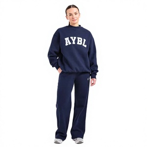 Custom Logo Heavyweight Fleece Crewneck Sweatshirt and Wide Leg Sweatpants <b>Set</b> Oversized Casual Pullover with Matching Lounge - Product Image 1