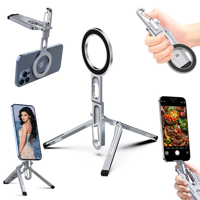 Mini Pocket Aluminium Carabiner Mounted Phone Tripod Foldable Strong Magnetic Stand Phone Holder for Travel, Desk Use & Selfies