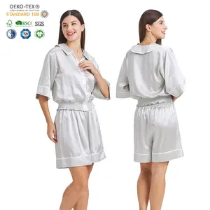 Diskon besar 100% Set pakaian tidur sutra murbei kustom dengan celana 2 potong Set V-neck wanita Charmeuse