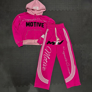 Personalizado de los hombres de diamantes de imitación desgastado bordado chándal Streetwear chándal holgado rayas pantalones de chándal y Sudadera con capucha conjunto - Product Image 3