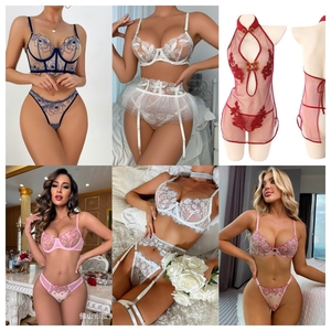 Conjunto de lencería sexy para mujer con sujetador de encaje con aros, tanga y tirantes de liguero, diseño floral elástico y calado, ¡en oferta! - Product Image 5