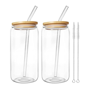 Glass Highball Tumblers with Bamboo Lid and <b>Straw</b> <b>Reusable</b> 2-Pack Minimalist Design for Picnic - Product Image 1