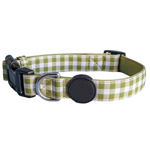 Collier pour chien classique en toile gingham olive, durable, avec doublure en néoprène rembourrée, collier pour animal de compagnie réglable avec boucle à dégagement rapide - Product Image 1