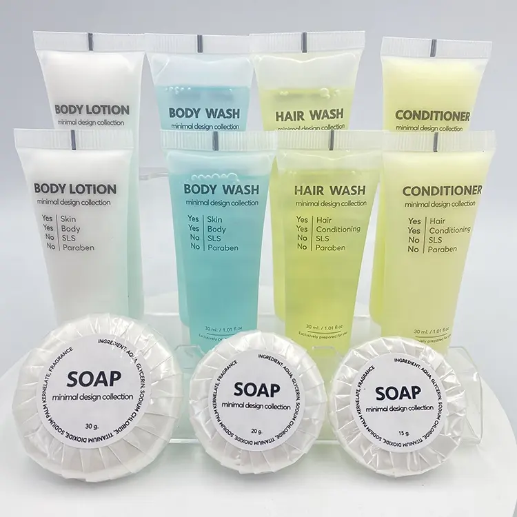 Simple Label-free Ready-to-ship Disposable Hotel Amenity Set Eco Friendly Disposable shampoo conditioner body wash