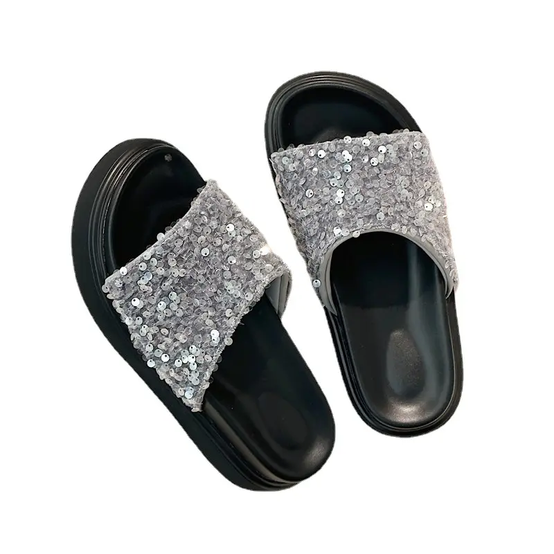 Sequins Fashion Slippers Female Summer Korean Version Of Thick Bottom Muffin Shoes New Outer Wear Korean Version Of Flat Bottom