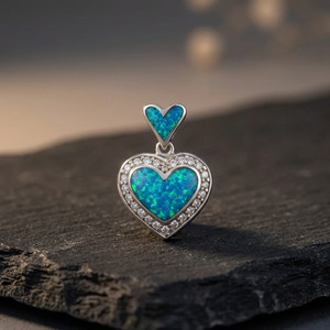 Heart <b>Opal</b> Pendant <b>Necklace</b> 925 Silver Rhodium Plated Romantic Gift Jewelry Bezel Setting Unisex Style - Product Image 1