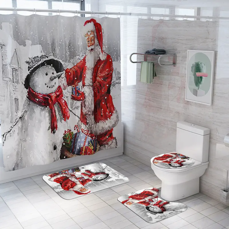 Printed Polyester Christmas Custom Shower Curtain And Rugs Sets 4 Pieces Bathroom Sets