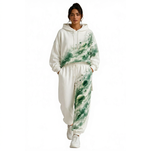 <b>Women</b> Autumn Hooded Drawstring 2 in 1 Tracksuit Set Green Galaxy Print Loose Fit Casual <b>Sweatsuit</b> - Product Image 1