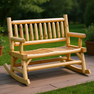 Sillón mecedora de madera moderno y resistente para 2 personas, diseño de tronco, asientos anchos y curvos, estilo sofá de dos plazas para patio, jardín o exterior. - Product Image 2