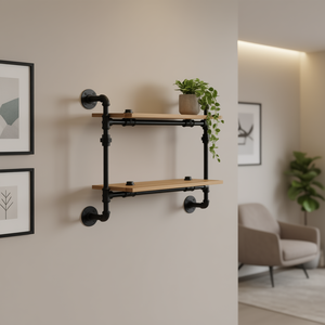 Mensola da parete rettangolare a 2 livelli in rovere nero sabbia, elegante espositore per casa o ufficio - Product Image 2