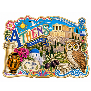 Imán de nevera moderno de madera con diseño de la ciudad de los dioses de Atenas, búho griego, Partenón, Acropólico, recuerdo turístico para bodas, Pascua y graduación - Product Image 2