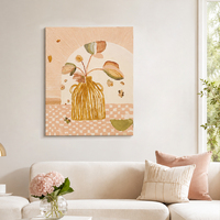 Peinture à l'huile sur toile, style pastoral et artistique folklorique, avec motif de vase, bouquet et table à carreaux, fond en arche, à l'ochre moutarde, à l'impasto et peinte à la main