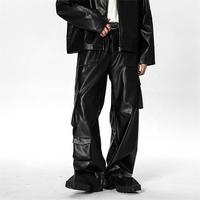 Pantalon cargo en similicuir noir, coupe large, style techwear, baggy, streetwear, unisexe, en similicuir, vente en gros OEM