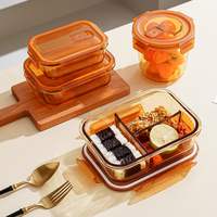 Boîte à bento rectangulaire en verre borosilicate de haute qualité, 1040 ml, couleur ambre, compatible micro-ondes, avec couvercle en plastique sans BPA, anti-fuite, réutilisable et chauffable