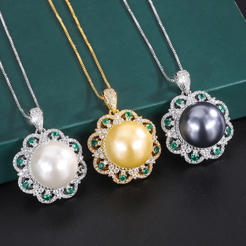Bijou vintage ternir tendance personnalisé très vendu collier à pendentif en laiton plaqué or 16mm incrustation de perles fleur diamant pour femmes