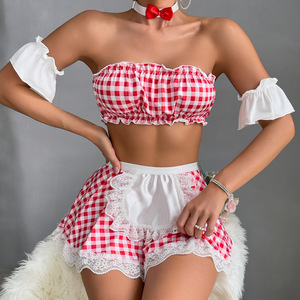 ชุดคอสเพลย์ชุดชั้นในลายสก็อตสีแดงน่ารัก ชุดเมดเซ็กซี่ ชุดชั้นในอีโรติก ชุด 6 ชิ้น ชุดชั้นในผู้หญิง - Product Image 1