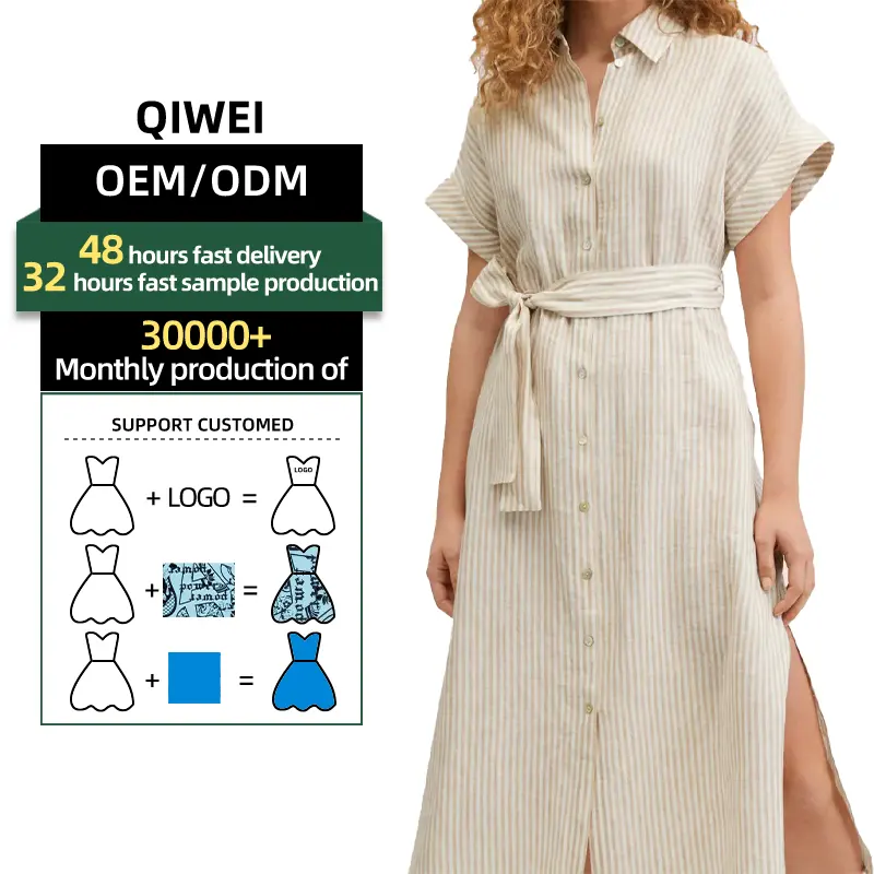 100% Linen Áo sơ mi ăn mặc cộng với kích thước của phụ nữ Dresses phụ nữ giản dị dài dải maxi ăn mặc mùa hè OEM dịch vụ đơn giản người lớn Đế Chế