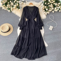 Robe décontractée haut de gamme de style français vintage, style cour, en dentelle, col en V, taille cintrée, à simple boutonnage, grande jupe évasée