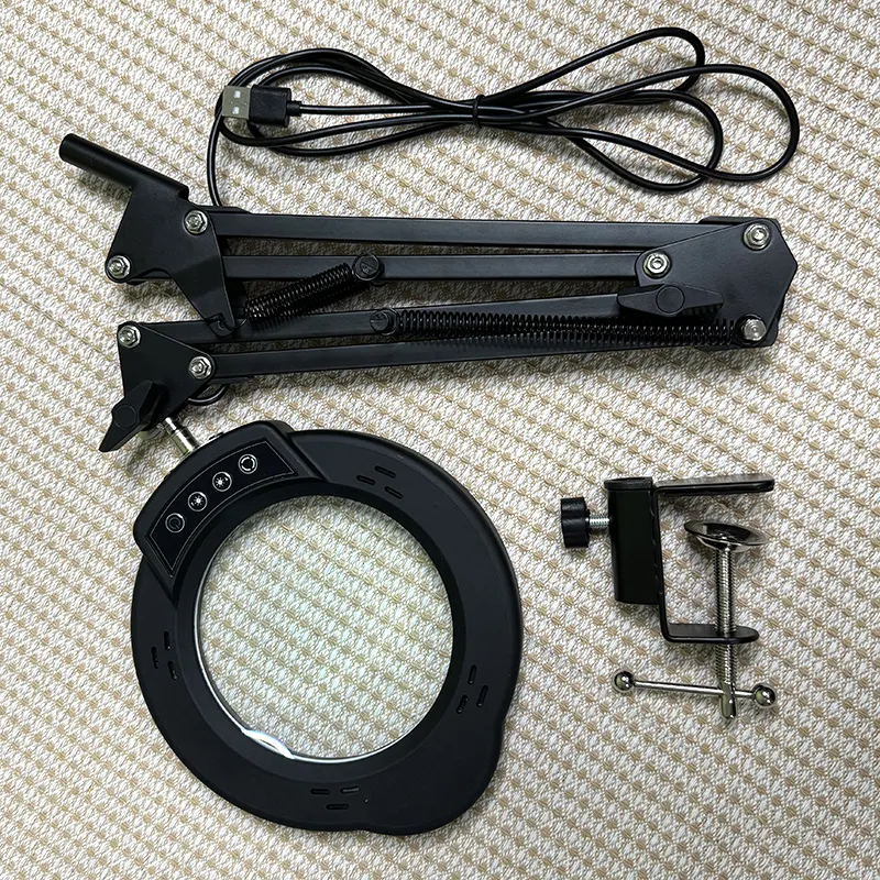 12X Large Magnifying Glass with Light and Clamp, Real Glass, 5 Color Modes, Stepless Dimmable, 2 x 16 Inch Adjustable Swing Arm Stand Desk Lamp, LED Lighted Magnifier Hands Free for