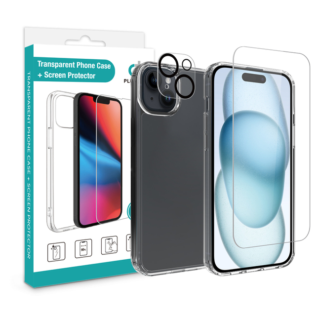 3in1 Crystal clear Transparent Phone case with Tempered Glass Screen Protector with Camera Lens Protector for iPhone 16