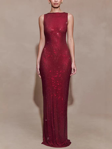 Robe de cocktail pour femme de style européen, dos nu orné de paillettes et fente latérale - une robe de soirée sexy pour femme - Product Image 1